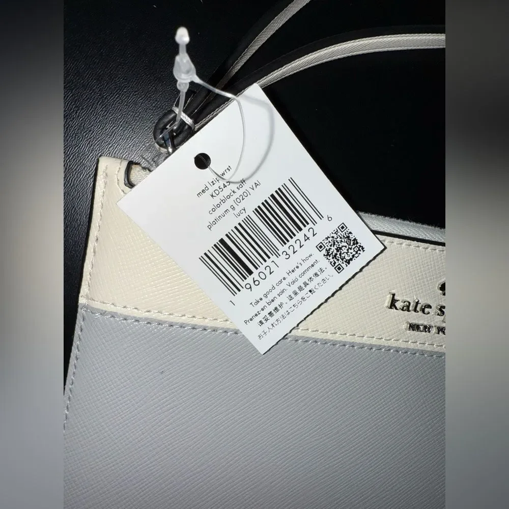 Kate Spade Lucy L-Zip Wristlet Platinum Grey colorblock Saffiano leather NWT